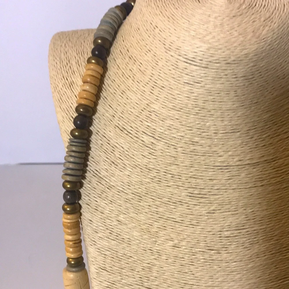 Necklace beaded wood metal cream brown vintage boho neutral tribal summer